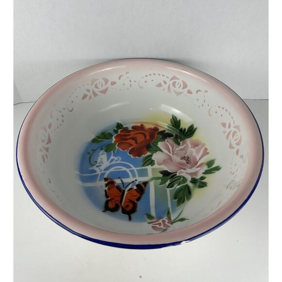 VTG Pink Metal Enamel Wash Basin With Roses And Butterflies Theme 14” - Picture 1 of 6